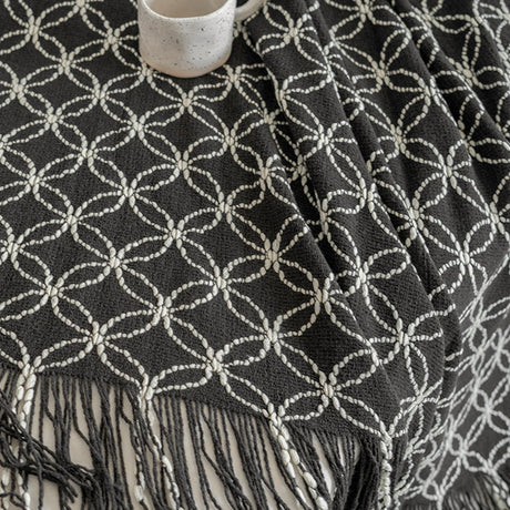 Dark Green Cozy Geometric Knitted Throw Blanket with Tassels - Soft Acrylic Decorative Sofa & Bed Cover, 130x180cm