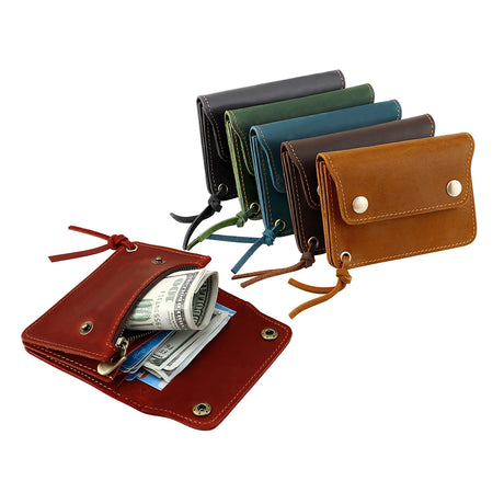 Khaki Vintage Handmade Crazy Horse Leather Wallet - Compact Card Holder & Zippered Coin Purse with Snap Closure
