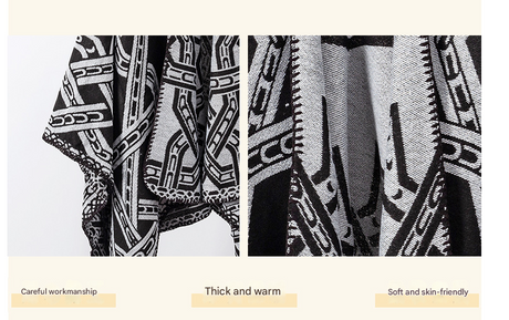 Black-white Bohemian Ethnic Print Blanket Poncho - Warm Windproof Oversized Shawl Wrap (130x150cm)