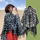 Black-white Bold Leopard Print Poncho Cape - Women's Warm Oversized Shawl Wrap (130x150cm)