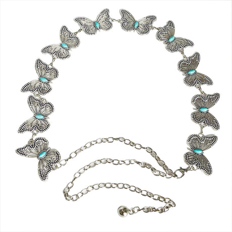 Turquoise Butterfly Belt Chain-Silver Set of 4 Bohemian Ethnic Style Metal Waist Chains - Versatile Fashion Belts for Dresses & Shirts