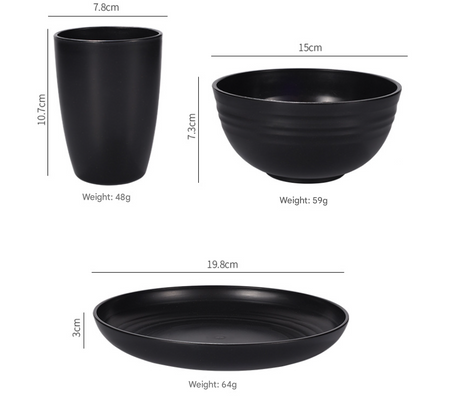 Stylish Black Wheat Straw Dinnerware Set - 24 Pieces Including Plates, Bowls & Cups