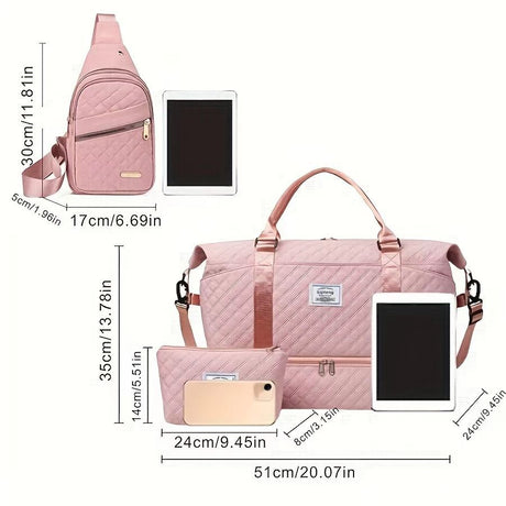 Pink Stylish 3-Piece Quilted Travel Bag Set - Weekender Duffel with Shoe Compartment, Sling Bag & Cosmetic Pouch