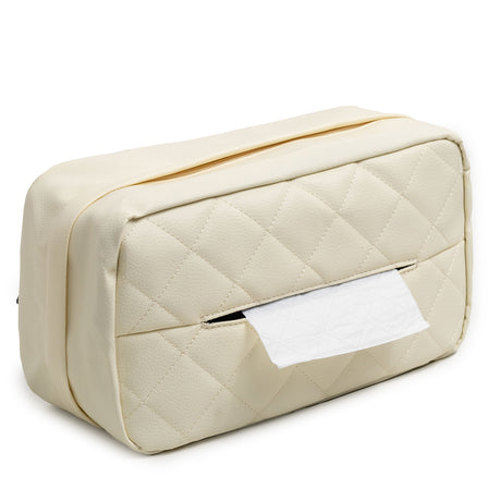White Universal Leather Car Tissue Box Holder - Visor, Armrest & Seat Back Mount