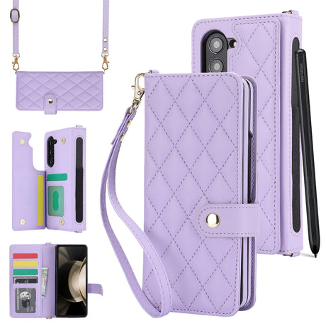 Purple Galaxy Z Fold6 Multi-Functional Leather Wallet Case for Samsung Z Fold Series - Crossbody with Pen Slot, Quilted Design