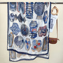 2-Piece Blue Border Retro Lantern Print Scarf - Fashionable Niche Design for Women