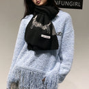 Black Cute Korean-Style Wool Scarf with Dog Design - Unisex Knitted Winter Neck Wrap