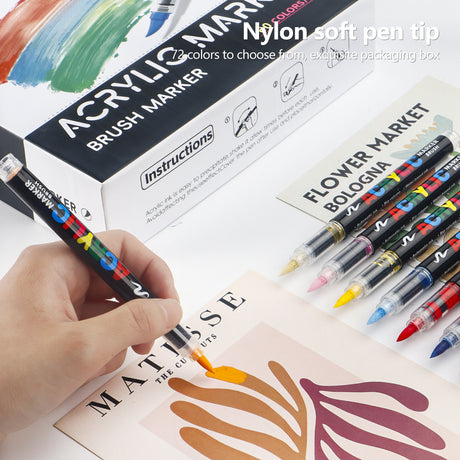 60 Colour Set Vibrant Cyan Acrylic Marker with Soft Brush Tip - 13.8 cm Professional Art Pen