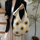 Yellow Flower-Patterned Cotton Crochet Tote Bag - Beach and Commute Essential