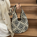 Black-white Flower-Patterned Cotton Crochet Tote Bag - Beach and Commute Essential