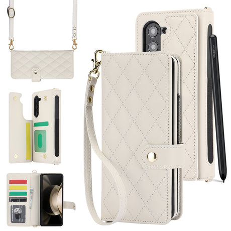 White Galaxy Z Fold5 Multi-Functional Leather Wallet Case for Samsung Z Fold Series - Crossbody with Pen Slot, Quilted Design Pen Not Included
