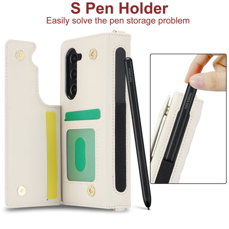 White Galaxy Z Fold6 Multi-Functional Leather Wallet Case for Samsung Z Fold Series - Crossbody with Pen Slot, Quilted Design Pen Not Included
