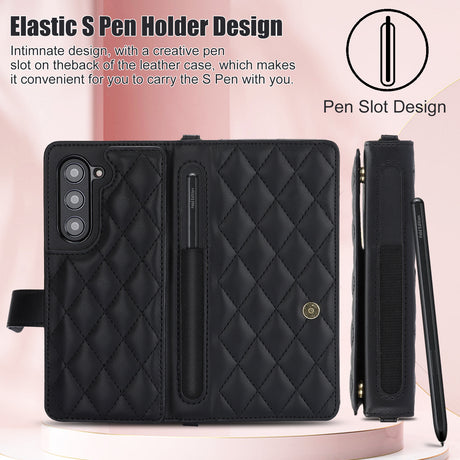 White Galaxy Z Fold6 Multi-Functional Leather Wallet Case for Samsung Z Fold Series - Crossbody with Pen Slot, Quilted Design Pen Not Included
