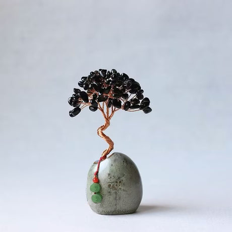 Black Obsidian Natural Crystal Wealth Tree - 12cm Feng Shui Decor, Elegant Office Desk Ornament