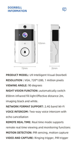 Transparent Rain Cover + Doorbell Combination HD Wireless Video Doorbell with Long-Lasting Battery