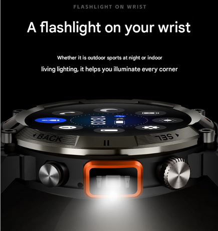 Black-orange Steel Belts Outdoor Smartwatch with 1.45-Inch HD Round Screen and Flashlight