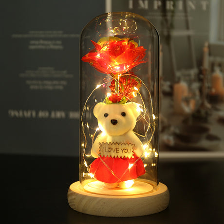 Enchanted Rose & Teddy Bear in Glass Dome with LED Lights - I Love You