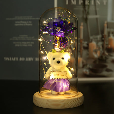 Enchanted Rose & Teddy Bear in Glass Dome with LED Lights - I Love You