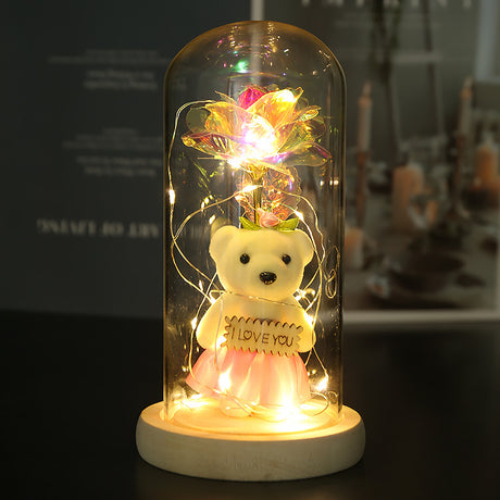 Enchanted Rose & Teddy Bear in Glass Dome with LED Lights - I Love You