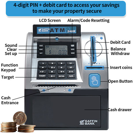 Kids ATM Savings Bank - Electronic Piggy Bank with Debit Card, PIN(Blue)