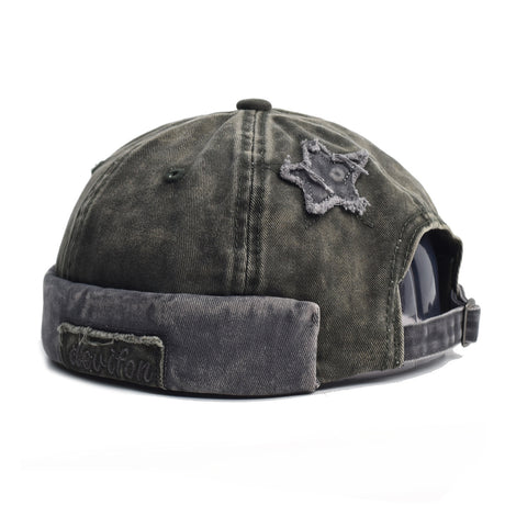 Vintage Washed Cotton Docker Cap - Unisex Brimless Beanie Hat with Star Patch(Green)