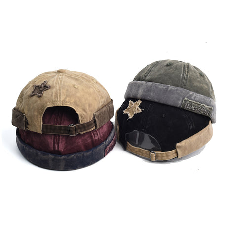 Vintage Washed Cotton Docker Cap - Unisex Brimless Beanie Hat with Star Patch(Green)
