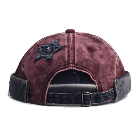Vintage Washed Cotton Docker Cap - Unisex Brimless Beanie Hat with Star Patch(Wine red)
