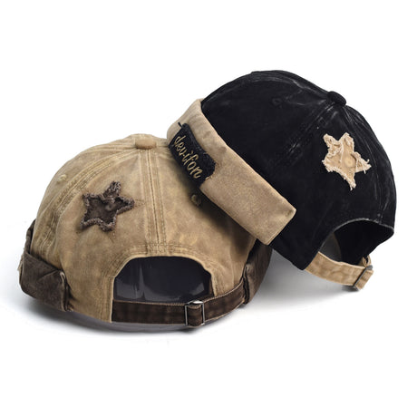 Vintage Washed Cotton Docker Cap - Unisex Brimless Beanie Hat with Star Patch(Wine red)