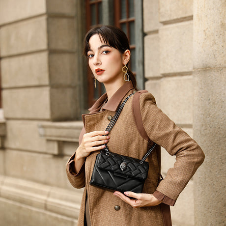 Elegant Quilted Leather Chain Bag with Bird Head Clasp(Black)