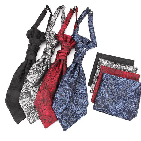 Men's Formal Paisley Ascot Cravat & Pocket Square Set - Adjustable Necktie for Weddings(Black)
