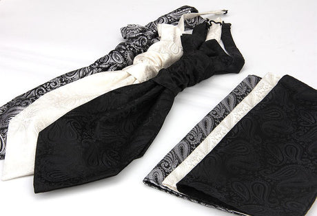 Men's Formal Paisley Ascot Cravat & Pocket Square Set - Adjustable Necktie for Weddings(Black)