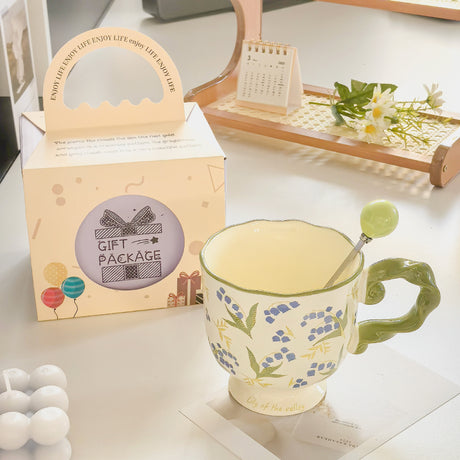 Elegant Ceramic Mug with Sculpted Handle,400ml Vintage Inspired Pedestal Design(Matcha Green)