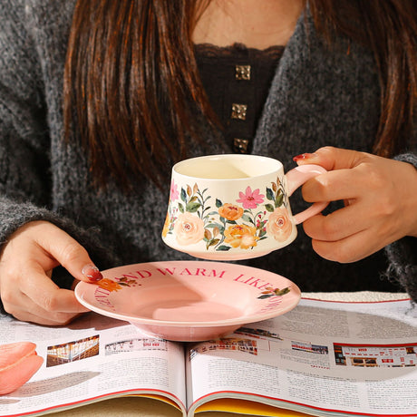Vintage Floral Ceramic Coffee Cup & Saucer Set(White disc - pink flowers)