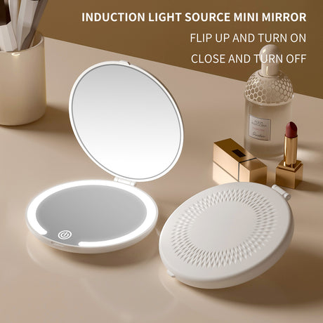 LED Lighted Travel Makeup Mirror - Double-Sided 1X/5X Magnification, USB-C Rechargeable, Induction Light(Khaki)
