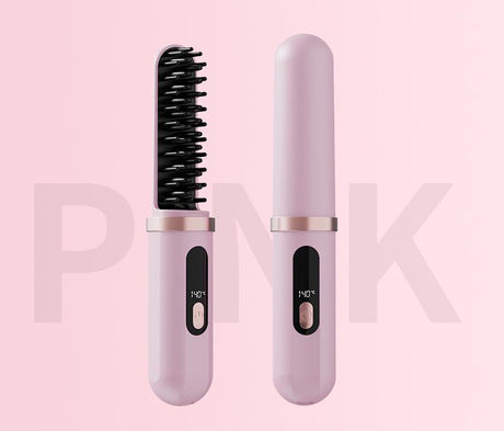 Cordless Hair Straightener Brush - 4000mAh USB-C Rechargeable, 4 Temps, Anti-Scald 3D Comb Design(Pink)