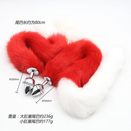 Extra Long Faux Fur Tail with Metal Anal Plug - Playful Cosplay & Adult Novelty Accessory(White and red-small)