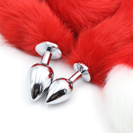 Extra Long Faux Fur Tail with Metal Anal Plug - Playful Cosplay & Adult Novelty Accessory(White and red-small)