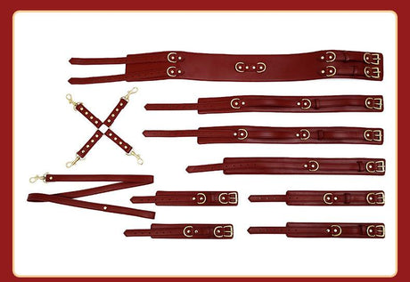 Full Body PU Leather Bondage Restraint Set with Collar, Leash, Cuffs & Harness - Adjustable Adult Play(Coffee)