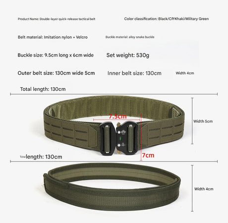 Dual Layer Quick Release Tactical Belt - Attachment System, Alloy Cobra Buckle, Adjustable Nylon(Military green)