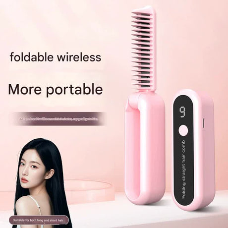 Foldable Wireless Hair Straightener Comb - 9 Temperature Settings, Anti-Scald, USB-C Rechargeable(purple)
