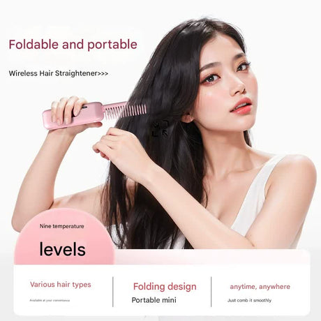 Foldable Wireless Hair Straightener Comb - 9 Temperature Settings, Anti-Scald, USB-C Rechargeable(purple)