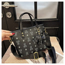 Chic Print Tote Bag with Bear Charm - Versatile Handbag & Crossbody(black)