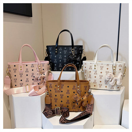 Chic Print Tote Bag with Bear Charm - Versatile Handbag & Crossbody(black)