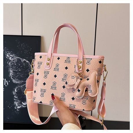 Chic Print Tote Bag with Bear Charm - Versatile Handbag & Crossbody(Beige)