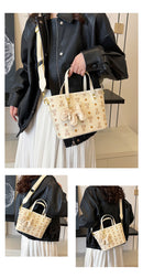 Chic Print Tote Bag with Bear Charm - Versatile Handbag & Crossbody(Beige)
