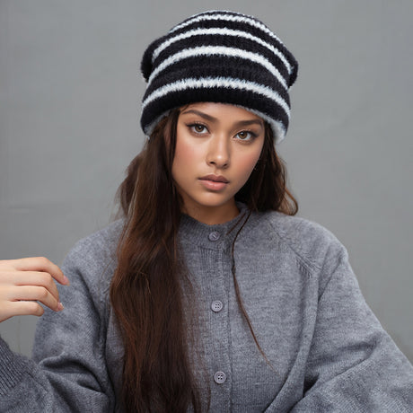 Trendy Dual-Tone Striped Beanie - Soft Plush Knit, Versatile Winter Cap (Black and white)