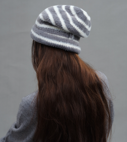 Trendy Dual-Tone Striped Beanie - Soft Plush Knit, Versatile Winter Cap (Gray and white)
