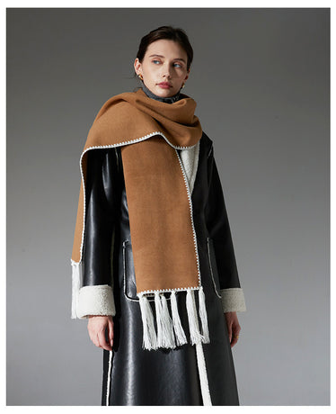 Camel Contrast Edge & Tassel Scarf - Chic Autumn/Winter Neckwear (190x30cm)