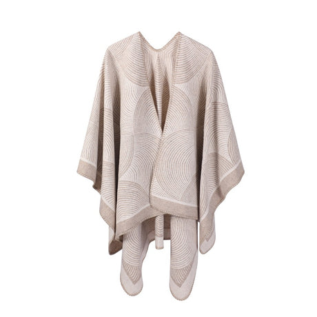 Khaki Geometric Print Cape - Cozy Knit Poncho for Women (165x130cm)