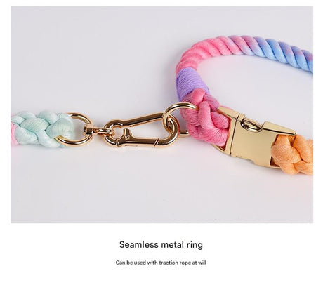 Handmade Gradient Rope Dog Collar & Leash Set - Colorful Braided Cotton (Pink - Size S)